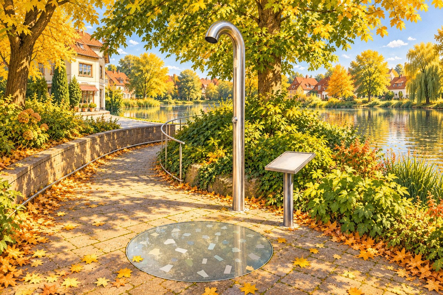 Die Sprachdusche am Dorfteich mit ihrer runden Bodenscheibe.