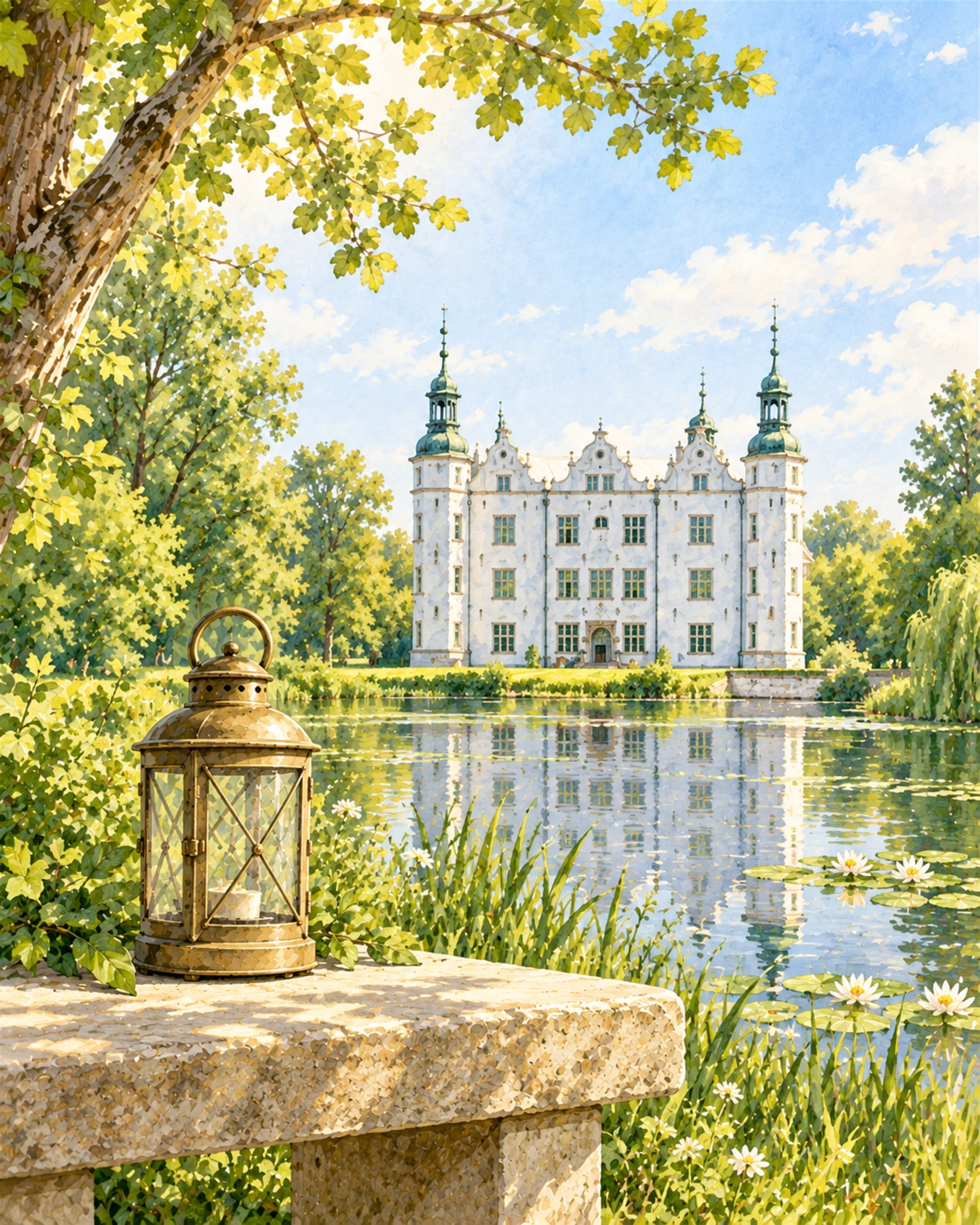 Das Ahrensburger Schloss hinter dem Wasser, vorn eine Laterne auf einer Steinbank.