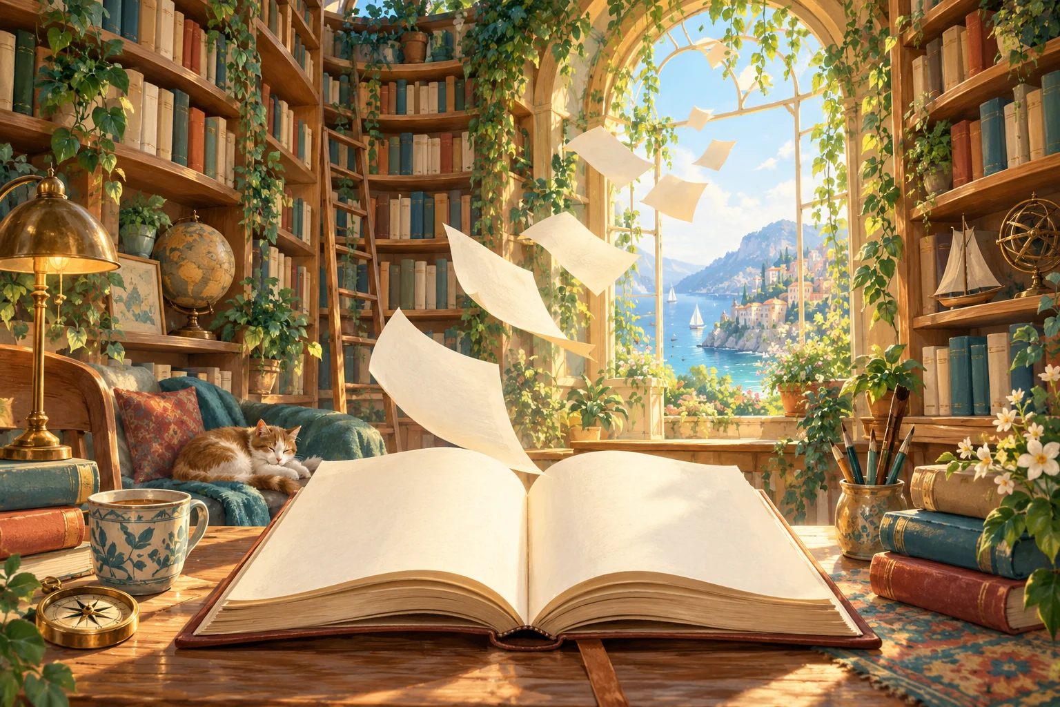 Ein offenes Buch liegt in einer Bibliothek, während lose Blätter vor dem Fenster schweben.