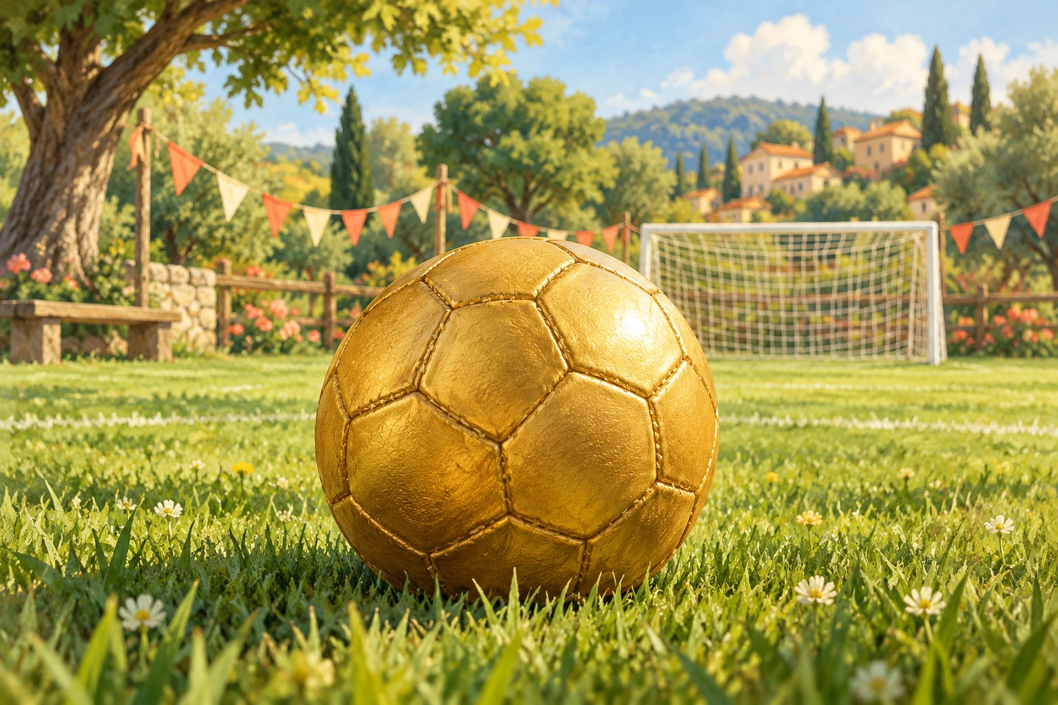 Ein goldener Fußball liegt im Gras vor einem Tor, umgeben von Wimpeln und Bäumen.