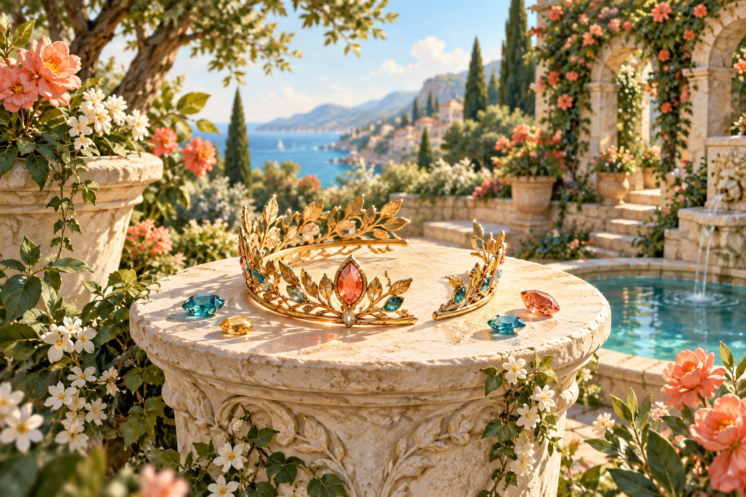 Eine goldene Krone mit bunten Edelsteinen liegt auf einem Steintisch in einem blühenden Garten.