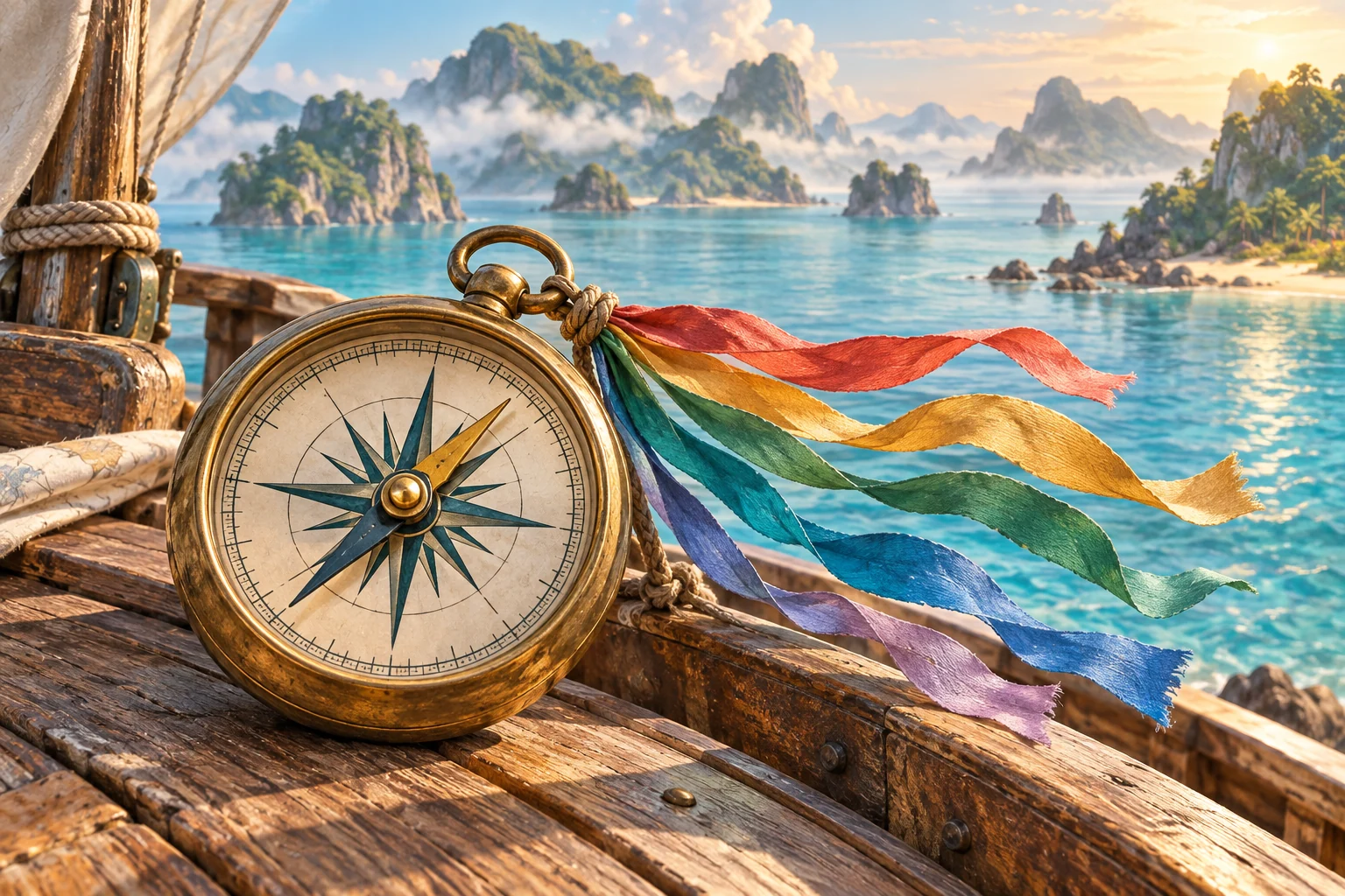 Ein Messingkompass mit bunten Bändern liegt auf einem Schiffsdeck vor felsigen Inseln.