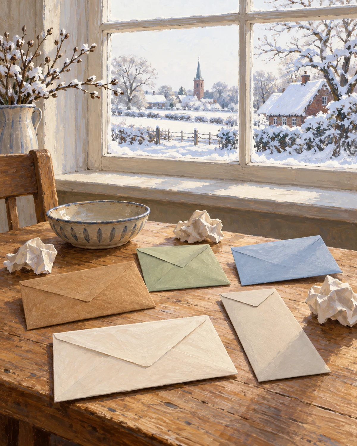 Bunte Briefumschläge und zerknülltes Papier liegen auf einem Tisch vor einem Fenster mit Schnee draußen.