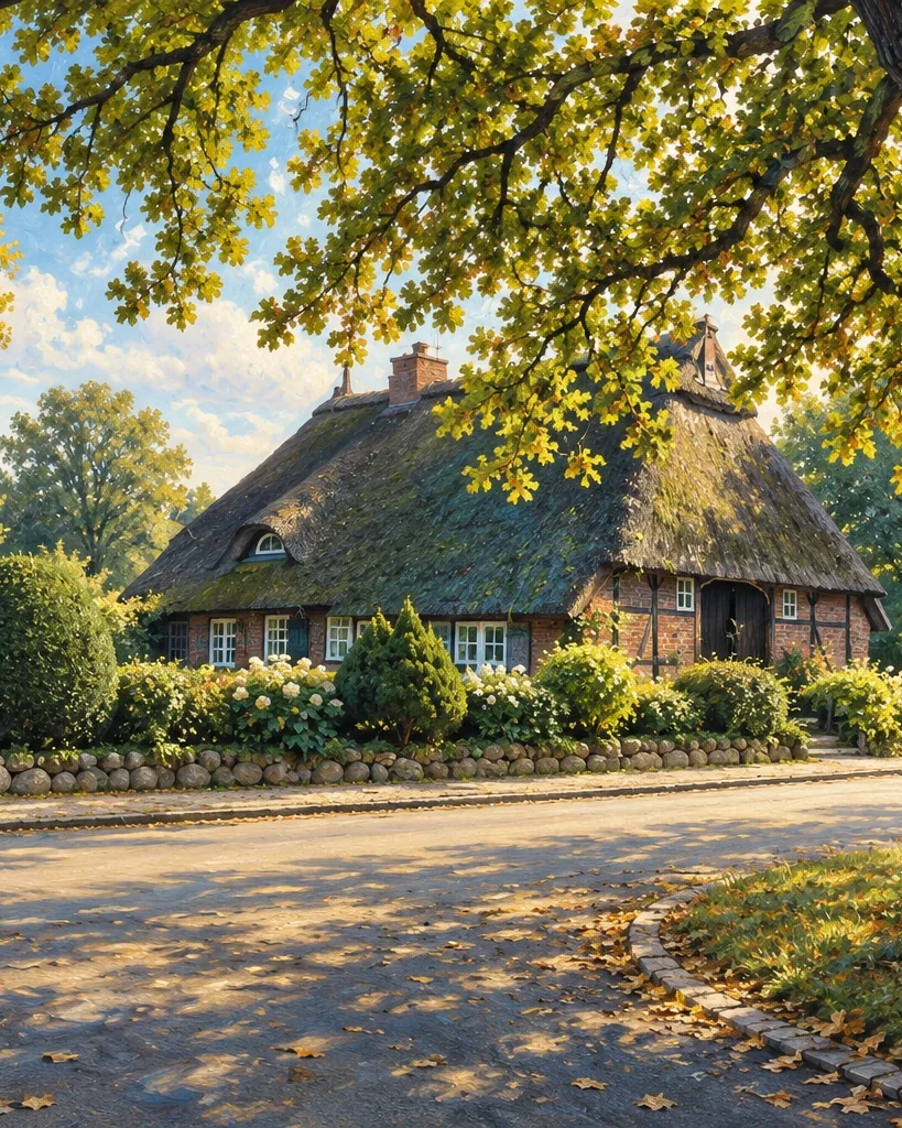 Ein reetgedecktes Bauernhaus im Museumsdorf Volksdorf unter einer großen Eiche.