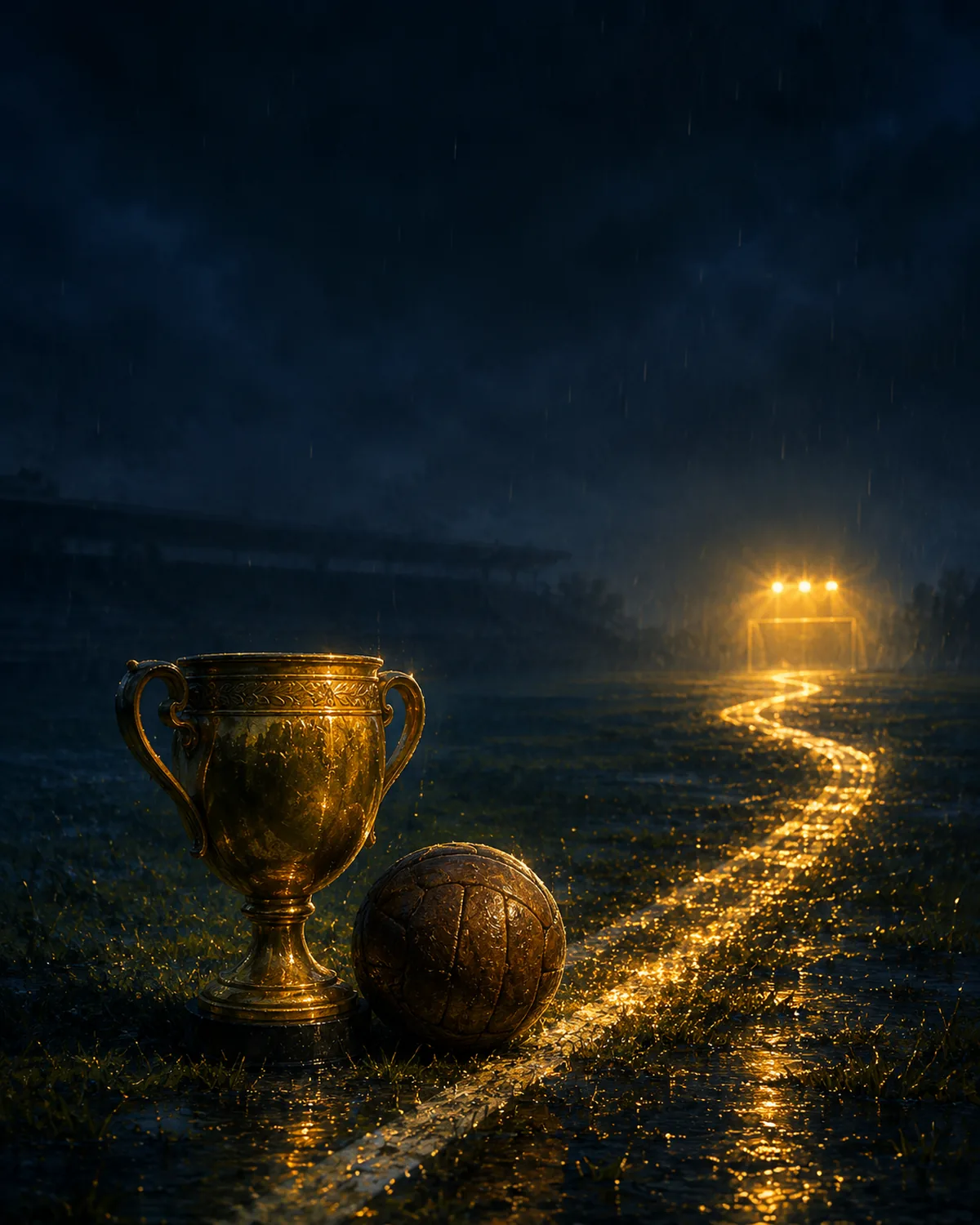 Goldener Fußball mit Spielfeldplan und rotem Weg zum Tor